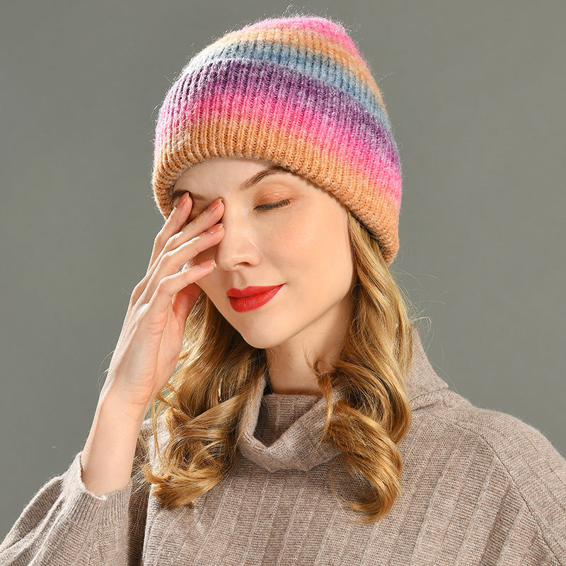 Women Winter Striped Hats Multi-color Fall Winter Fashion Cashmere Knitted Beanie Segment Dye Rainbow Beanie