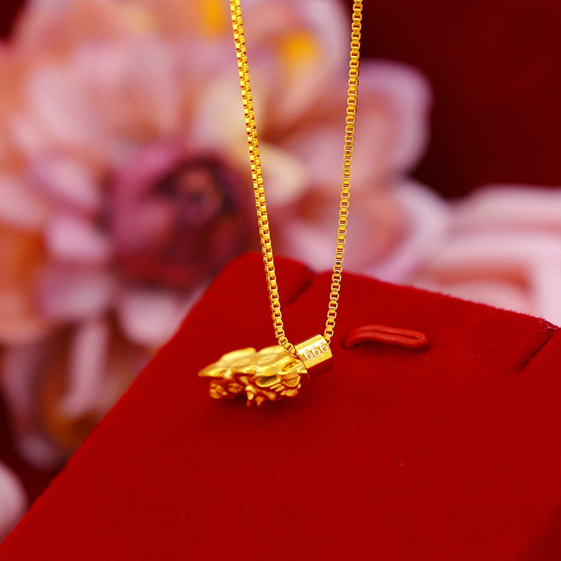 Gold Edition Copper Coin Small Pixiu Necklace Match A Lot Of Network Red Sand Gold Plated 24K Gold Ancient Method Small Pixiu Pendant Necklace Novelty Jewelry Specification drawing