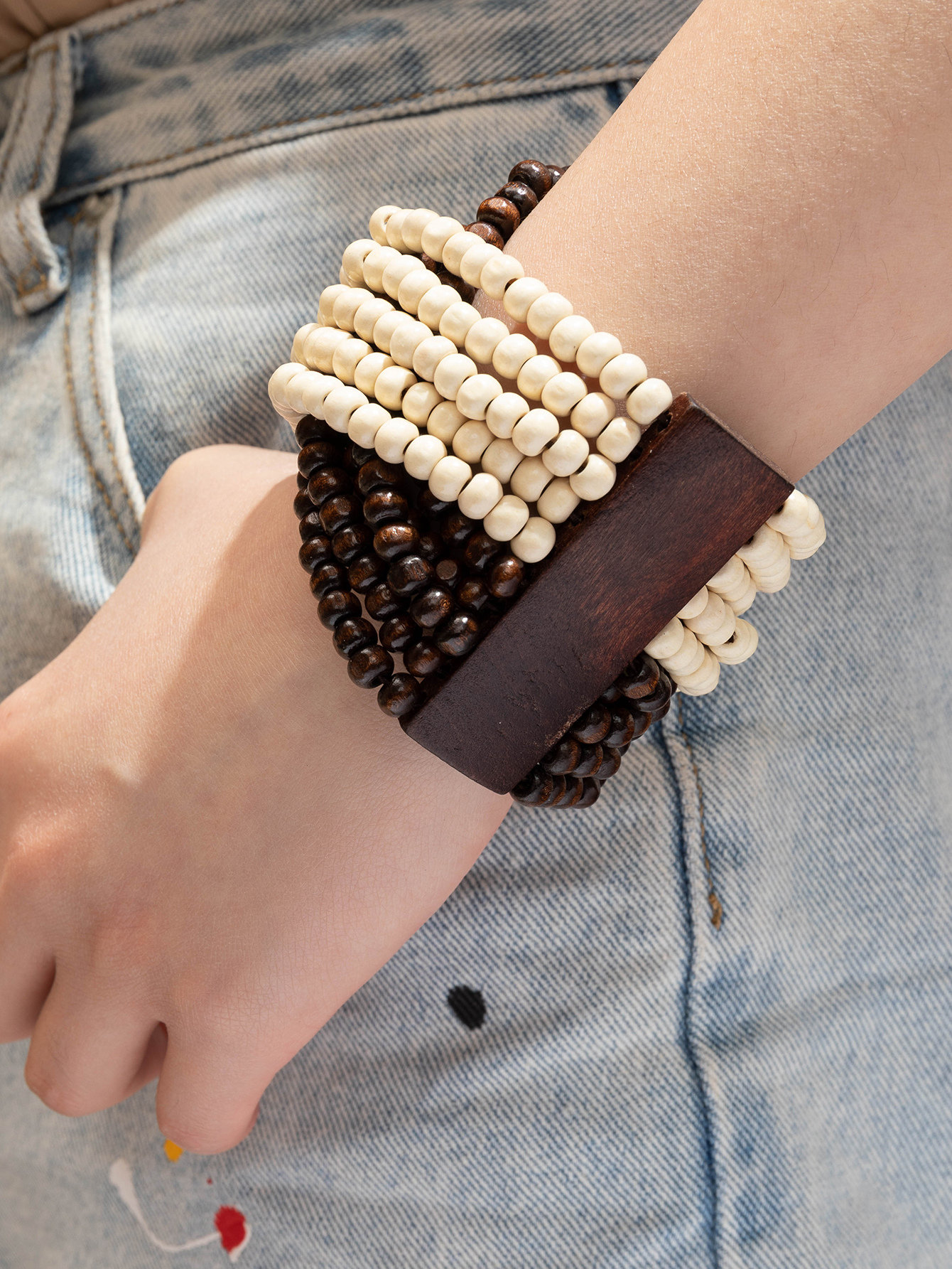 Boho tropical folk style retro handmade wooden beaded bracelet Fucoco-373 thumbnail