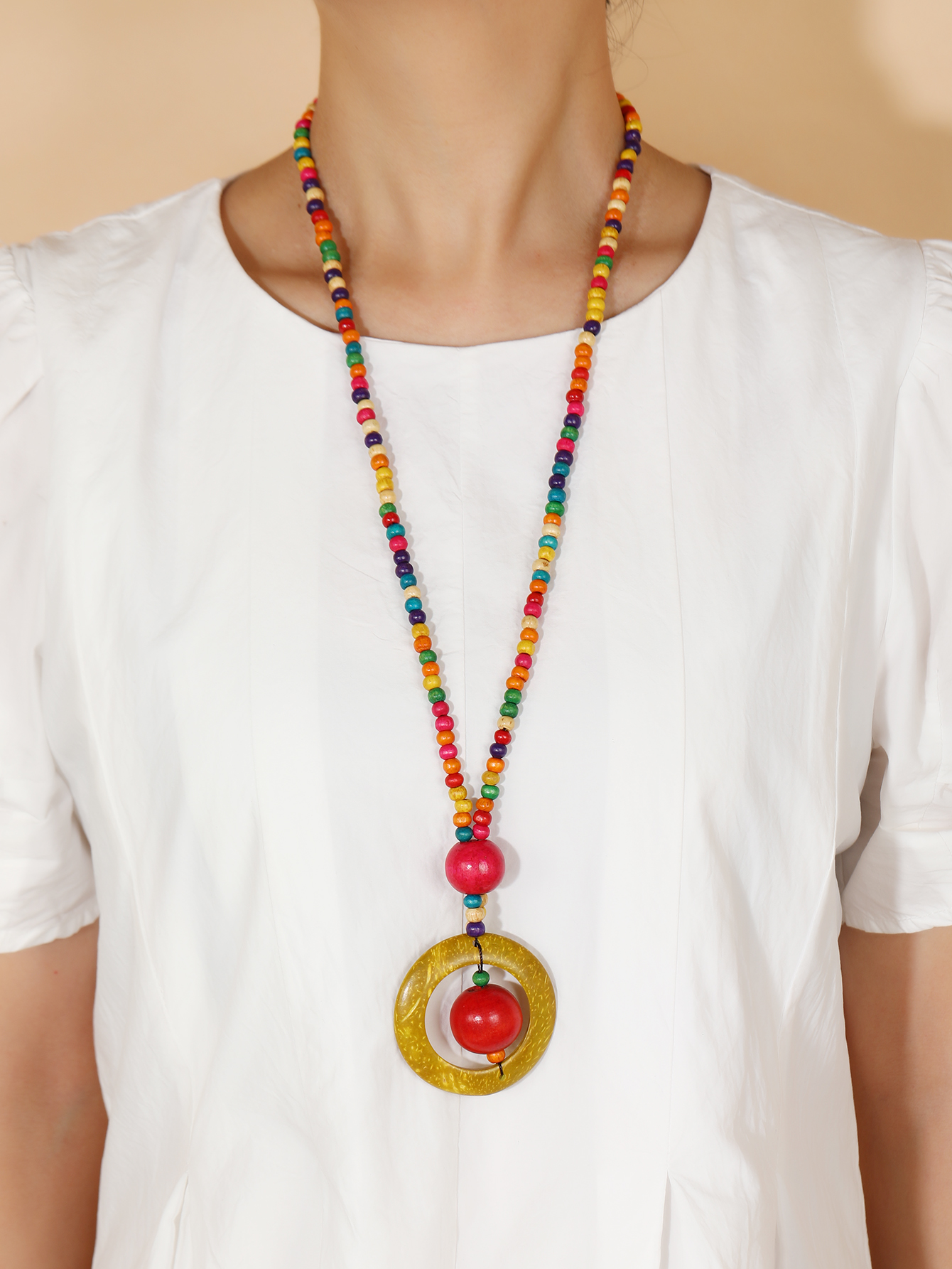 Bohemian tropical folk style retro handmade wooden beaded necklace Fucoco-368