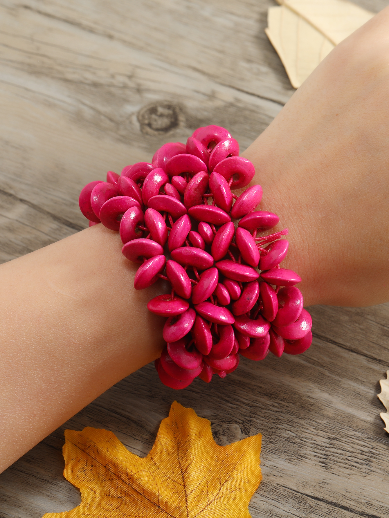 Boho tropical folk style retro handmade wooden beaded bracelet Fucoco-377 full figure