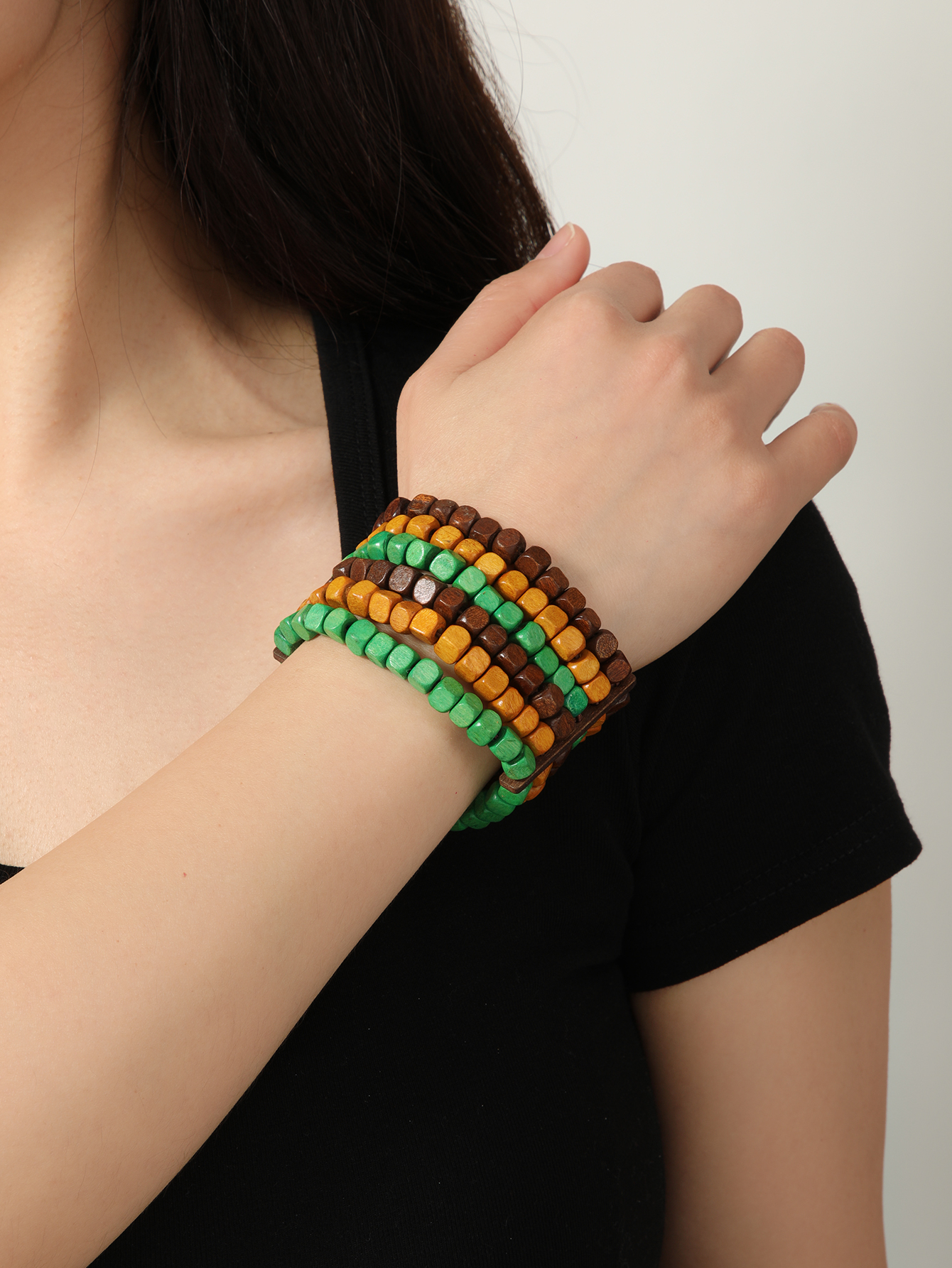 Boho tropical folk style retro handmade wooden beaded bracelet Fucoco-378 Specification drawing