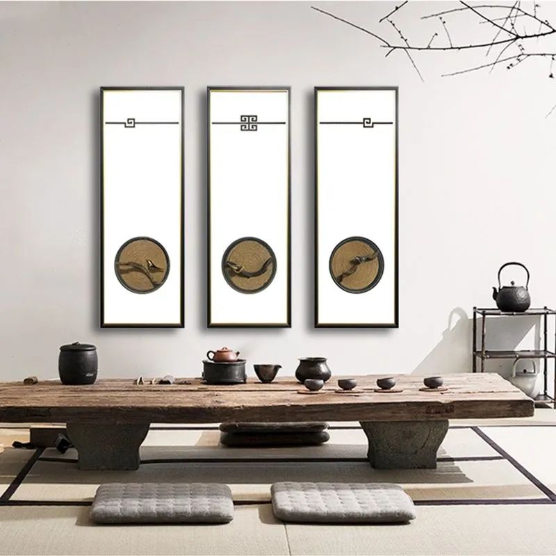 A new Chinese-style living room and bedroom background three-screen decorative painting with Zen charm details Picture