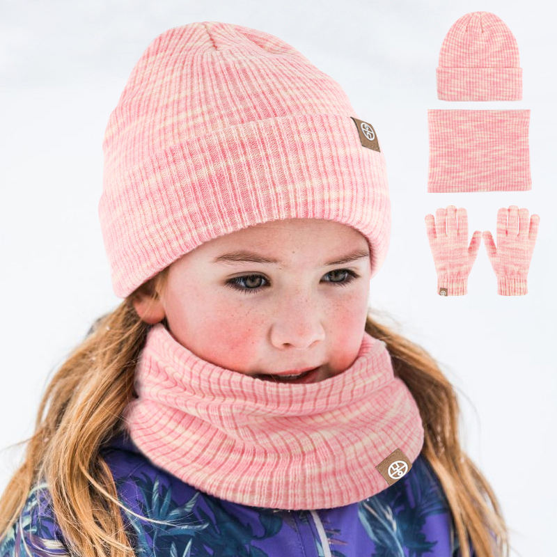 New Amazon Winter Beanie Children's Knitted Gloves Hat Scarf Three-piece Set Kid's Wool Outdoor Warm Beanies Hat Set