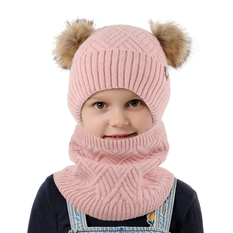 2022 Children's Wool Beanie Winter Warm Knitted Hat Scarf Gloves Three-piece Set Fluffy Pompom Hat Three-piece Set
