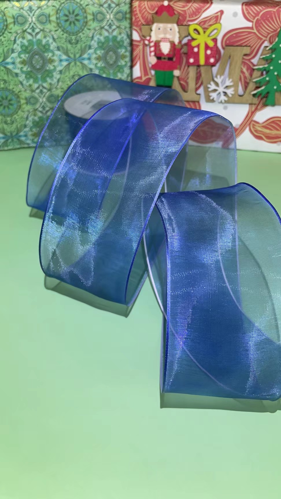 货号：2238圣诞礼品包装装饰DIY 蓝色雪纱双边铁丝织带6.3cm详情1