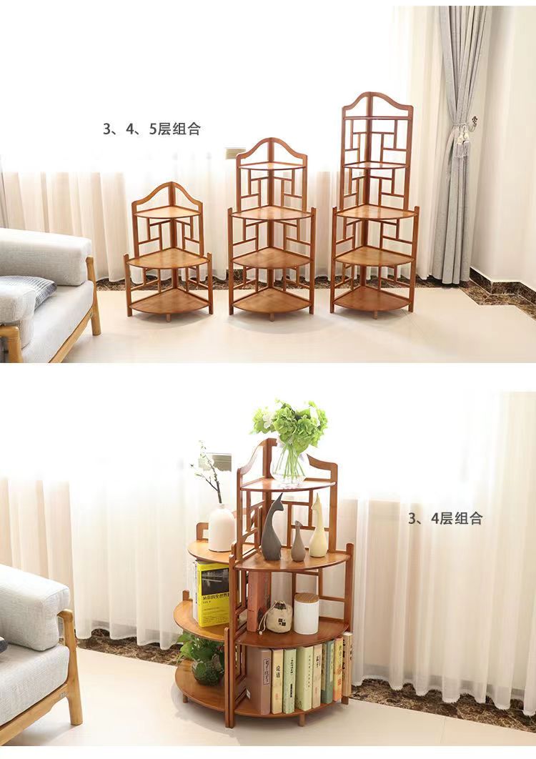 新中式转角架墙角花架三角架竹角落架隔板复古客厅茶室置物架详情7