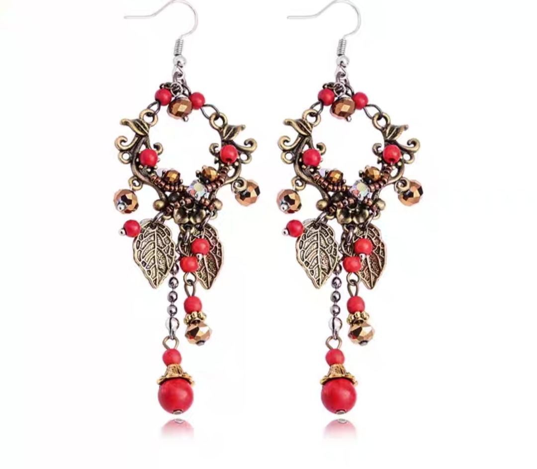 Handmade jewelry earrings European and American retro imitation turquoise whisper long fringe earrings red