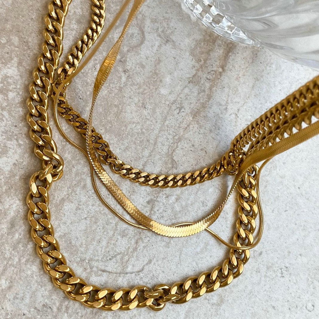 18K Gold Necklace Choker 18K Gold Plated Stainless Steel Cuban Chain Chunky Necklace Double Layers Snake Chain Choker Necklace thumbnail