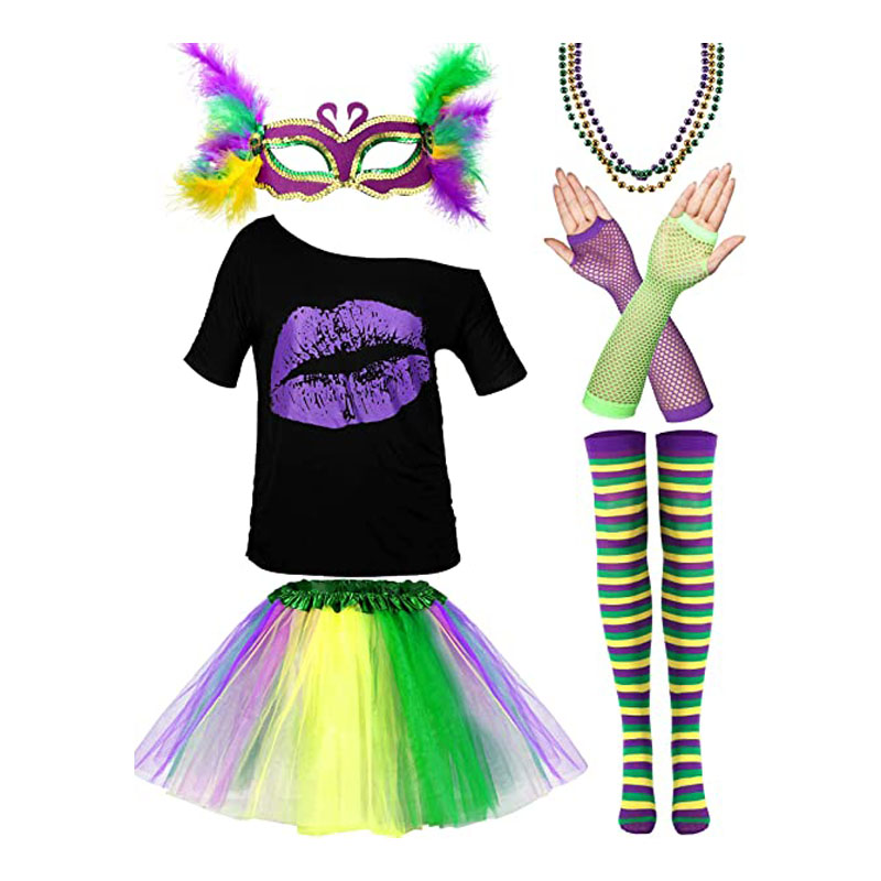 Mardi Gras Yellow Green Purple Gauze Skirt Feather Head Hoop Earrings Fishnet Gloves Pantyhose Set Application Scenario