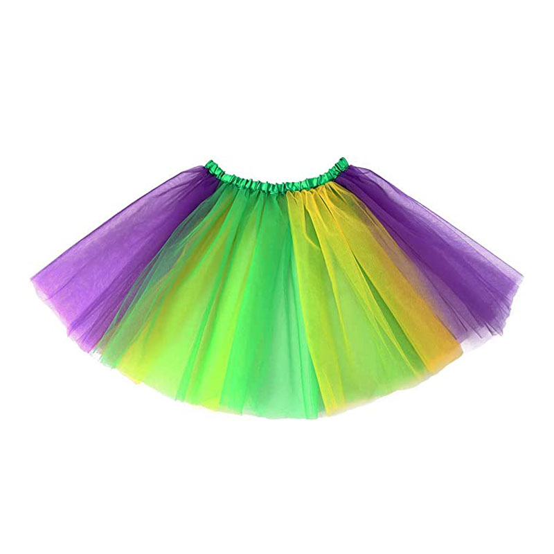 Mardi Gras Yellow Green Purple Gauze Skirt Feather Head Hoop Earrings Fishnet Gloves Pantyhose Set Item Picture