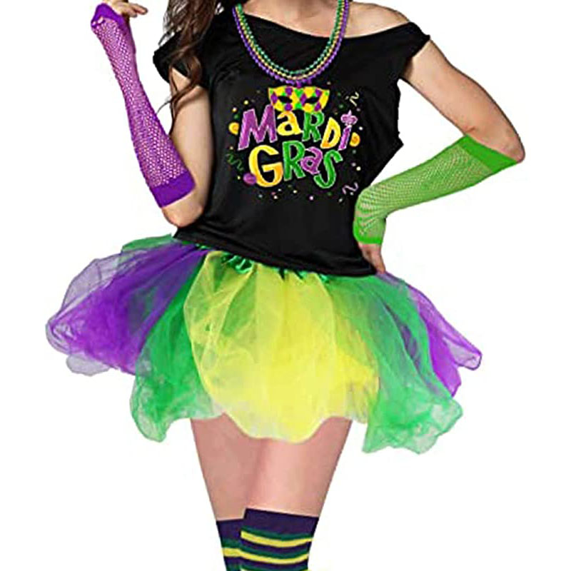 Mardi Gras Yellow Green Purple Gauze Skirt Feather Head Hoop Earrings Fishnet Gloves Pantyhose Set Specification drawing