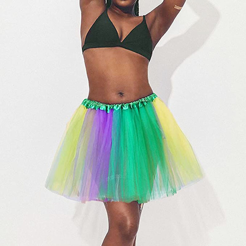 Mardi Gras Yellow Green Purple Gauze Skirt Feather Head Hoop Earrings Fishnet Gloves Pantyhose Set details Picture