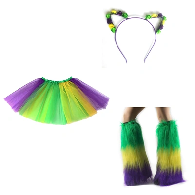 Mardi Gras yellow, Green and purple plush leg dress floral feather cat ear headband outfit thumbnail
