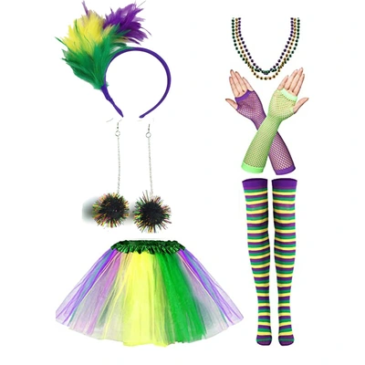 Mardi Gras yellow, green and purple gauze dress feather head hoop earrings fishnet gloves pantyhose suit thumbnail
