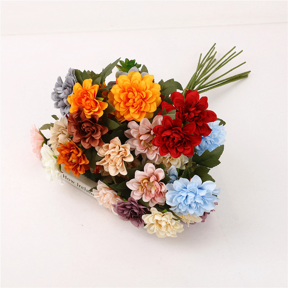 Home decoration simulation flower shopping mall flower wall decoration products plastic fake flower living room floor bouquet 3 head Dahlias thumbnail
