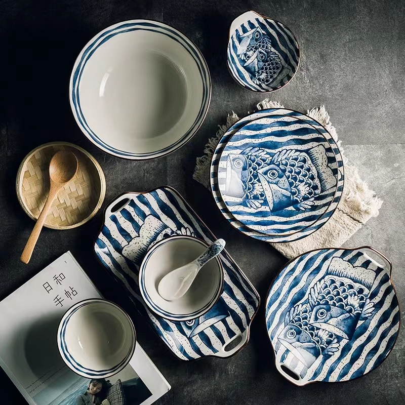 日式陶瓷创意餐盘7寸  陶瓷复古鱼图案餐具详情4