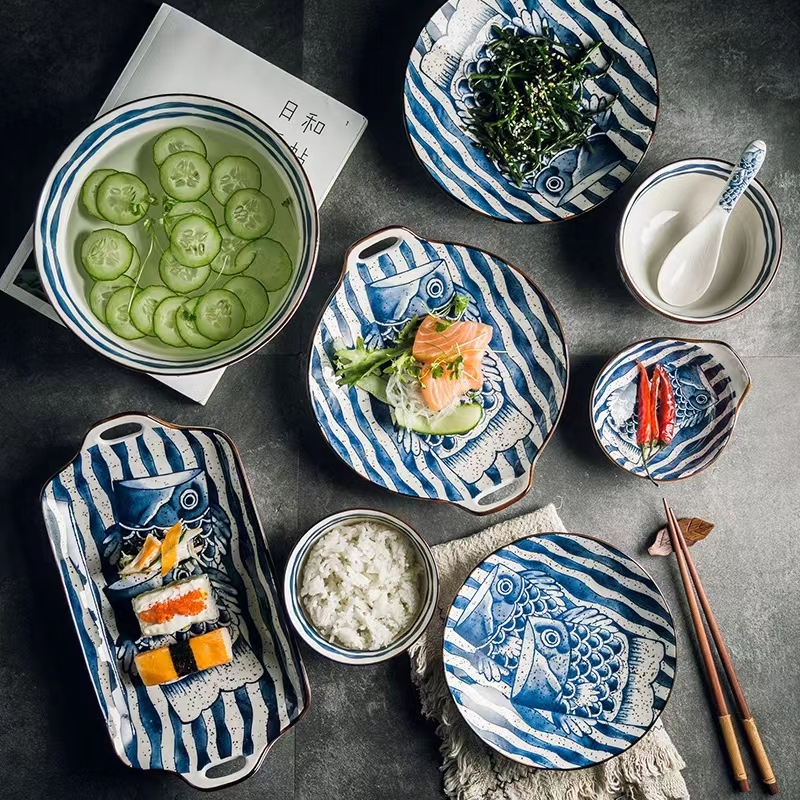 日式陶瓷创意餐盘7寸  陶瓷复古鱼图案餐具详情3