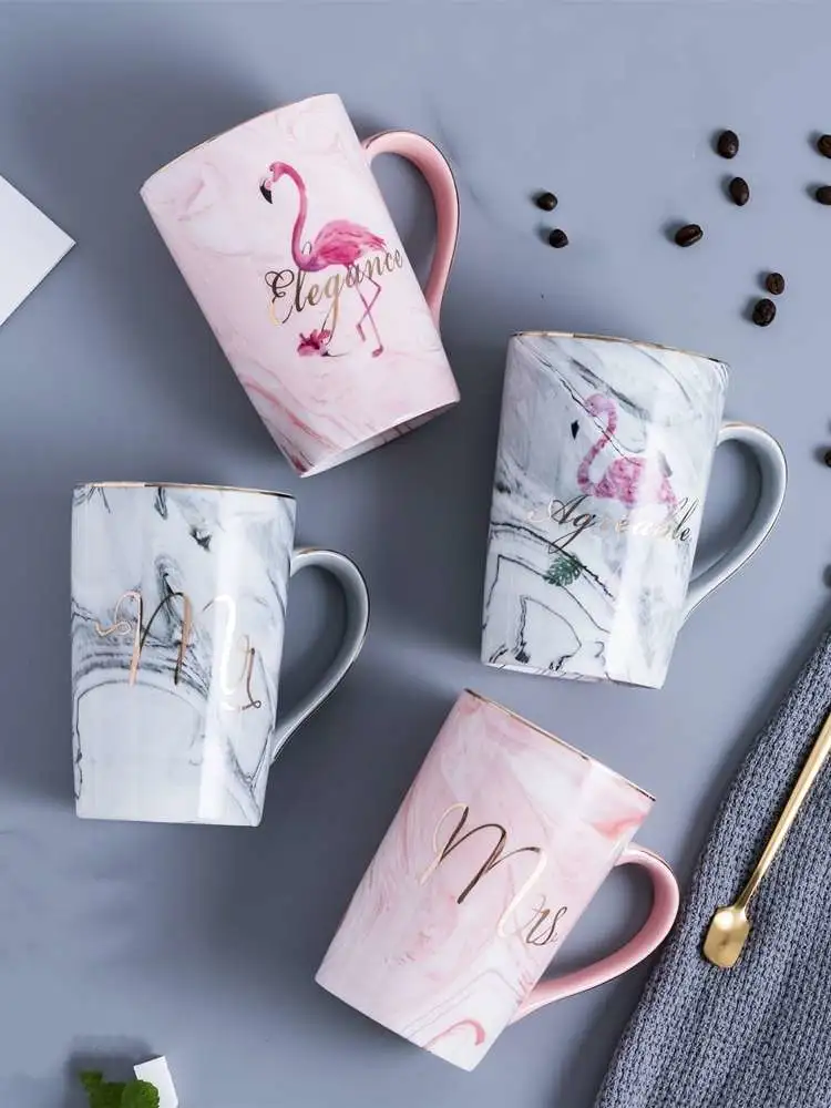 马克杯ins大理石纹水杯陶瓷少女心火烈鸟杯子详情1