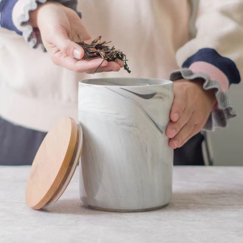 大理石纹密封罐茶叶罐陶瓷家用厨房咖啡豆子收纳罐杂粮储物罐摆件12*12*17详情3