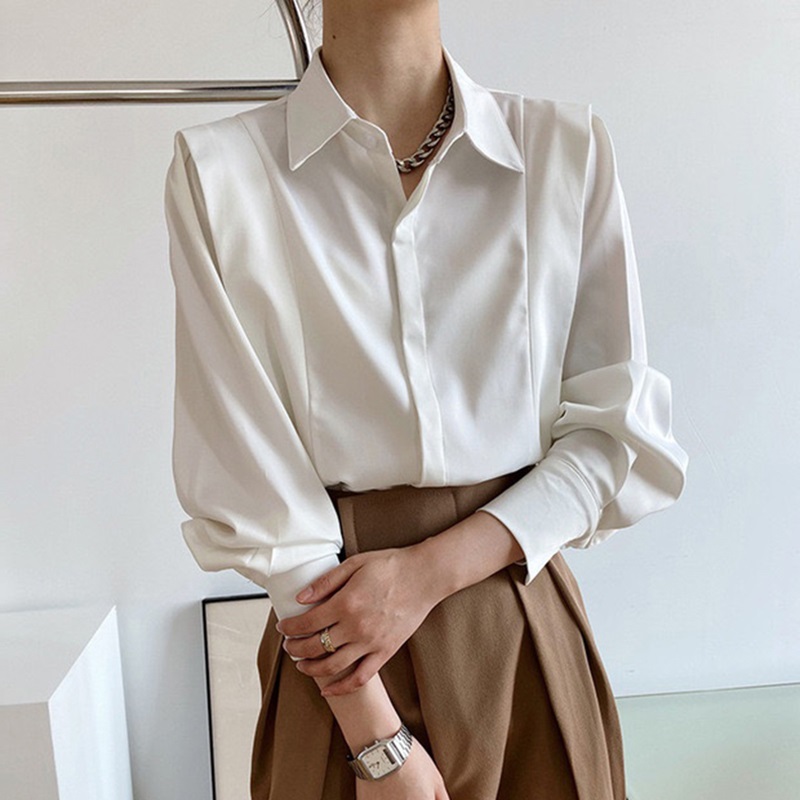 Women's White Ruffled Shirt Women's Spring French Professional Satin Shirt 1