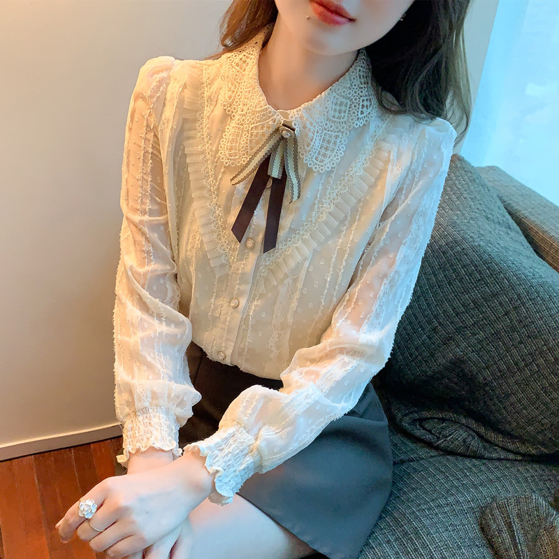 Shirt Female Autumn And Winter Design Sense Small Fold Wear Blouse Shirt High-Grade Coat 2022 New Women's Brand Authentic Doll Collar Lace Long-Sleeved Blouse Female