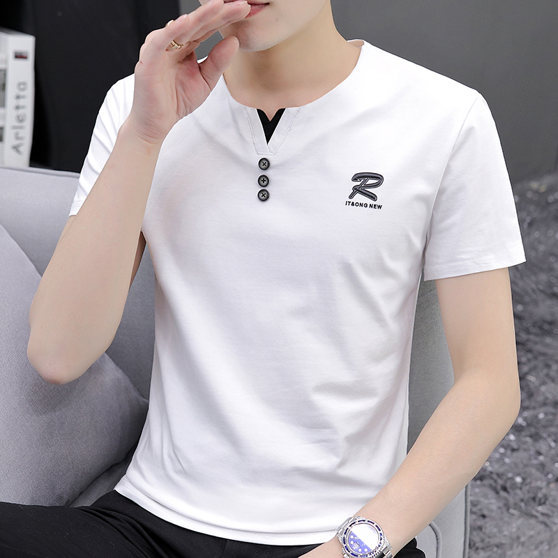 Summer Cotton V-Neck Short-Sleeved T-Shirt Men's Chicken Heart Collar Casual Half-Sleeve Simple Men's Small Collar T-Shirt Slim-Fit Clothing Trend Specification drawing