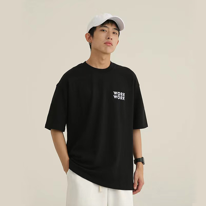 Heavy T-Shirt Men Short Sleeve Pure Cotton Summer American Fashion Brand Casual Loose Printed Round Neck Shirt Specification drawing