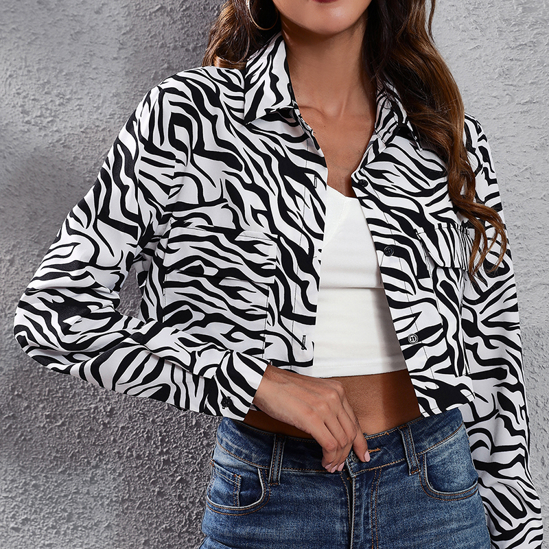 American College Style Age-Reduction Autumn Women's Plaid Zebra Print Short High-Waisted Long-Sleeved Shirt Shirt Thin Coat 2 details Picture