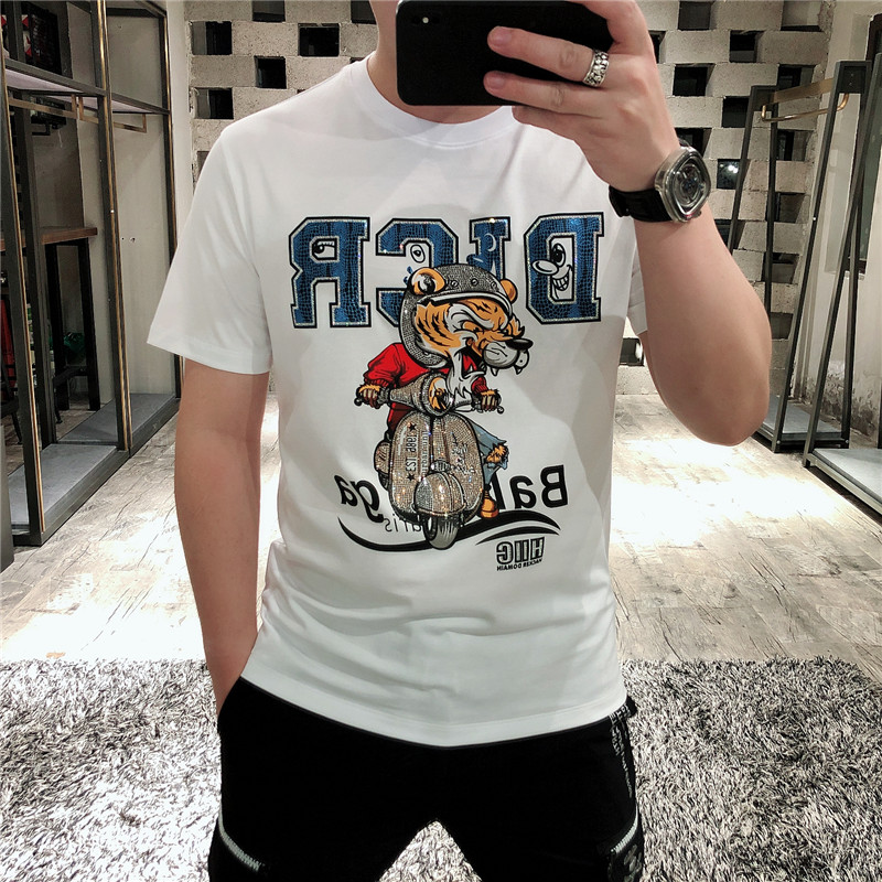 Spirit Boy Summer New Short Sleeve T-Shirt Round Neck Slim Personality Hot Drill Super Fire Half Sleeve Shirt Men