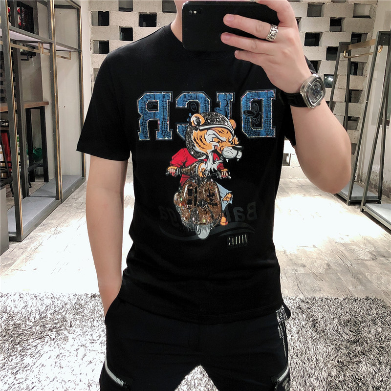Spirit Boy Summer New Short Sleeve T-Shirt Round Neck Slim Personality Hot Drill Super Fire Half Sleeve Shirt Men details Picture
