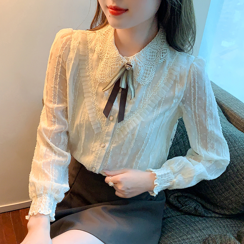 Shirt Female Autumn And Winter Design Sense Small Fold Wear Blouse Shirt High-Grade Coat 2022 New Women's Brand Authentic Doll Collar Lace Long-Sleeved Blouse Female Specification drawing