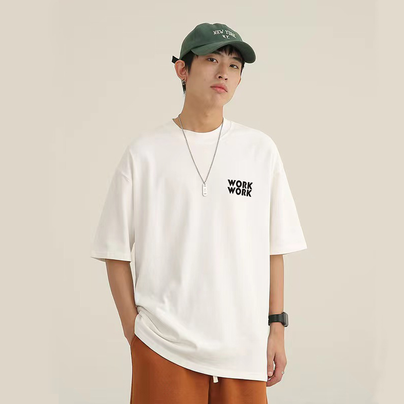 Heavy T-Shirt Men Short Sleeve Pure Cotton Summer American Fashion Brand Casual Loose Printed Round Neck Shirt