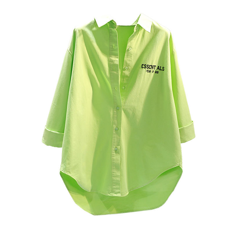 Shirt Women's Medium Long Coat Thin Cardigan Top 2022 Summer Fruit Green Letter Embroidered Shirt Small Shirt Women's 1 details Picture