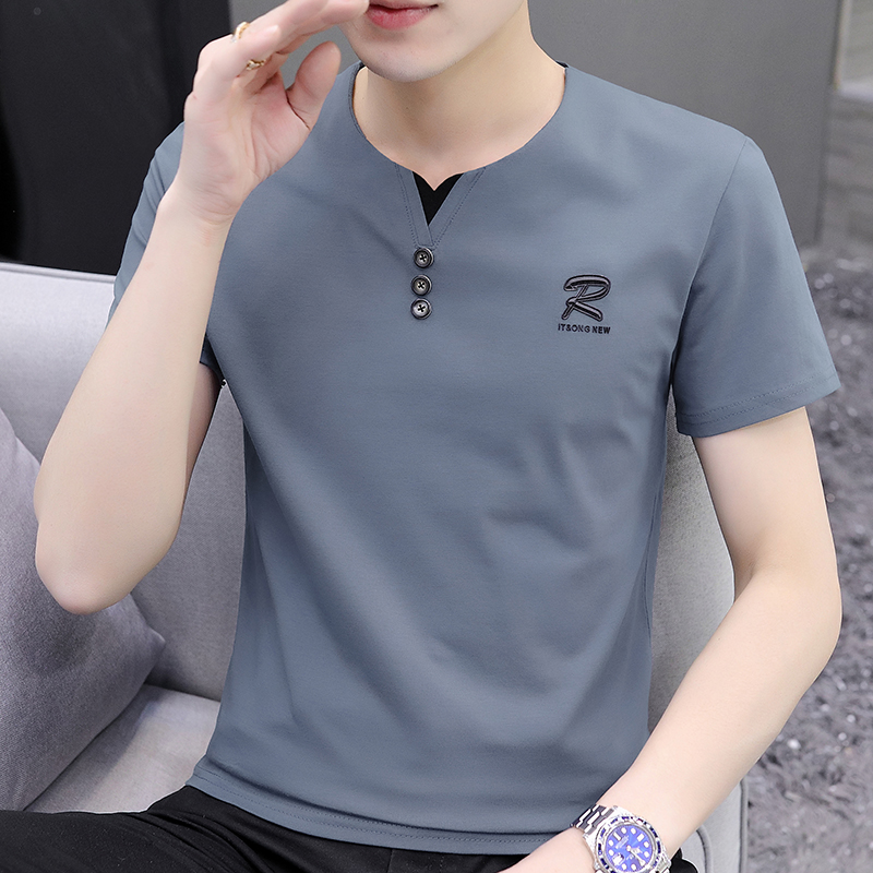 Summer Cotton V-Neck Short-Sleeved T-Shirt Men's Chicken Heart Collar Casual Half-Sleeve Simple Men's Small Collar T-Shirt Slim-Fit Clothing Trend details Picture