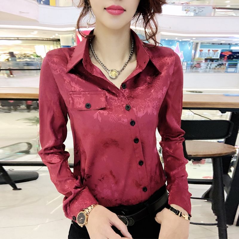 Shirt Female Autumn And Winter Design Sense Small Fold Wear Blouse Shirt High-Grade Coat 2022 New Women's European Goods Lapel Plus Fleece Printed Shirt Female 2022 Autumn And Winter Long Sleeve Base Shirt Female Slim Shirt Female