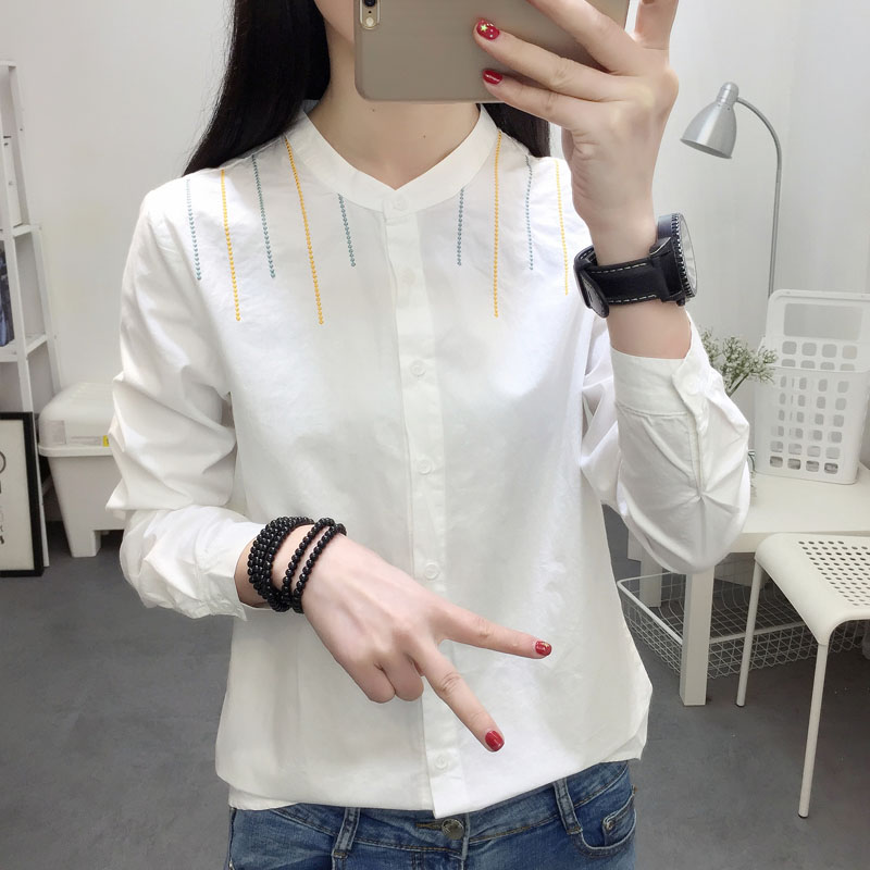 2022 Spring And Autumn New Korean Version Stand Collar Wicker Embroidery Long Sleeve Shirt Women's Art Casual White Undershirt