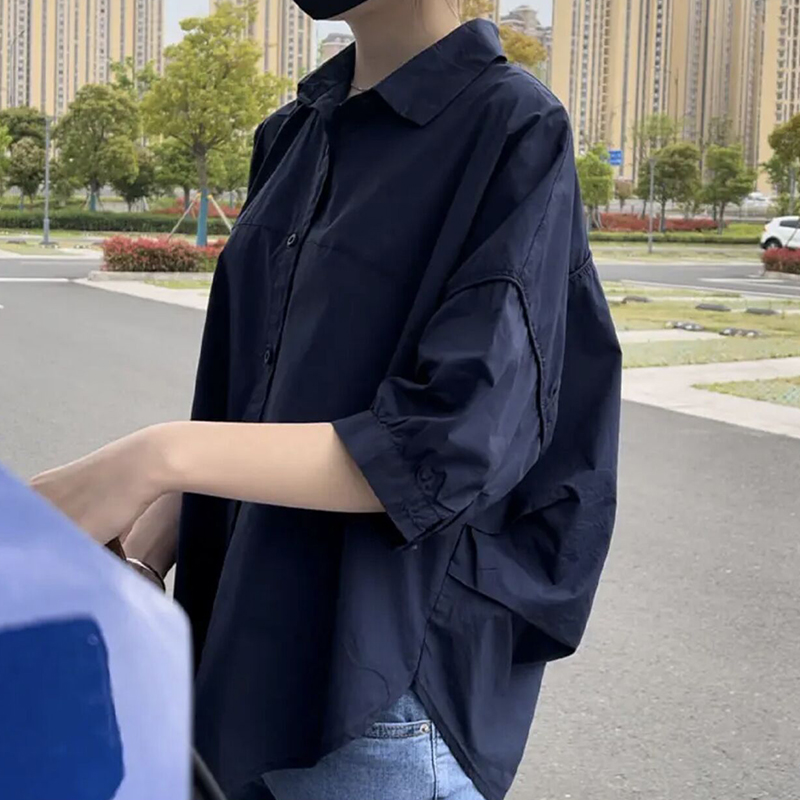 Mid-Sleeve Shirt Women's Light Wind Loose Five-Quarter Sleeve Navy V-Neck Shirt Summer Short Sleeve Casual Shirt Sunscreen Shirt 2