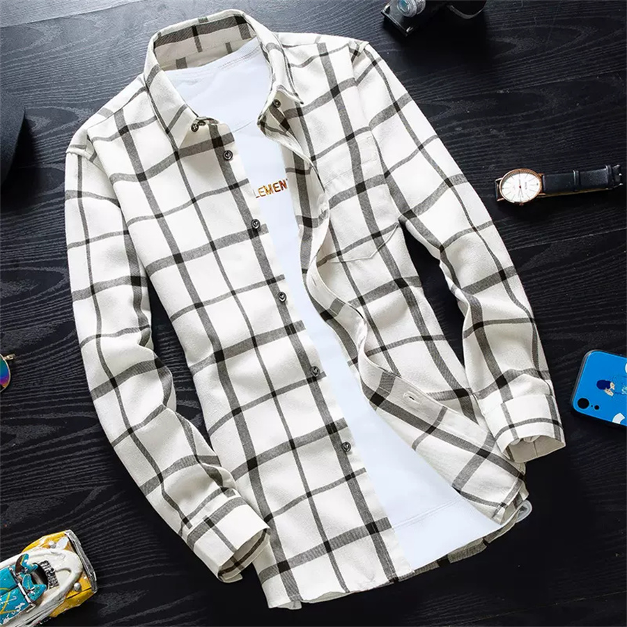 Autumn Plaid Shirt Long Slim-Fit Shirt Men Korean Version Slim-Fit Shirt Trend Men's Spring And Autumn Casual Coat Men 3