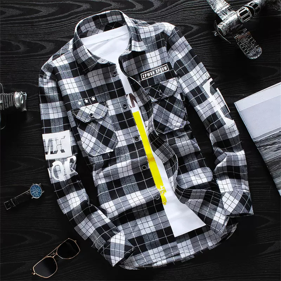 Autumn Plaid Shirt Long Slim-Fit Shirt Men Korean Version Slim-Fit Shirt Trend Men's Spring And Autumn Casual Coat Men 11 details Picture