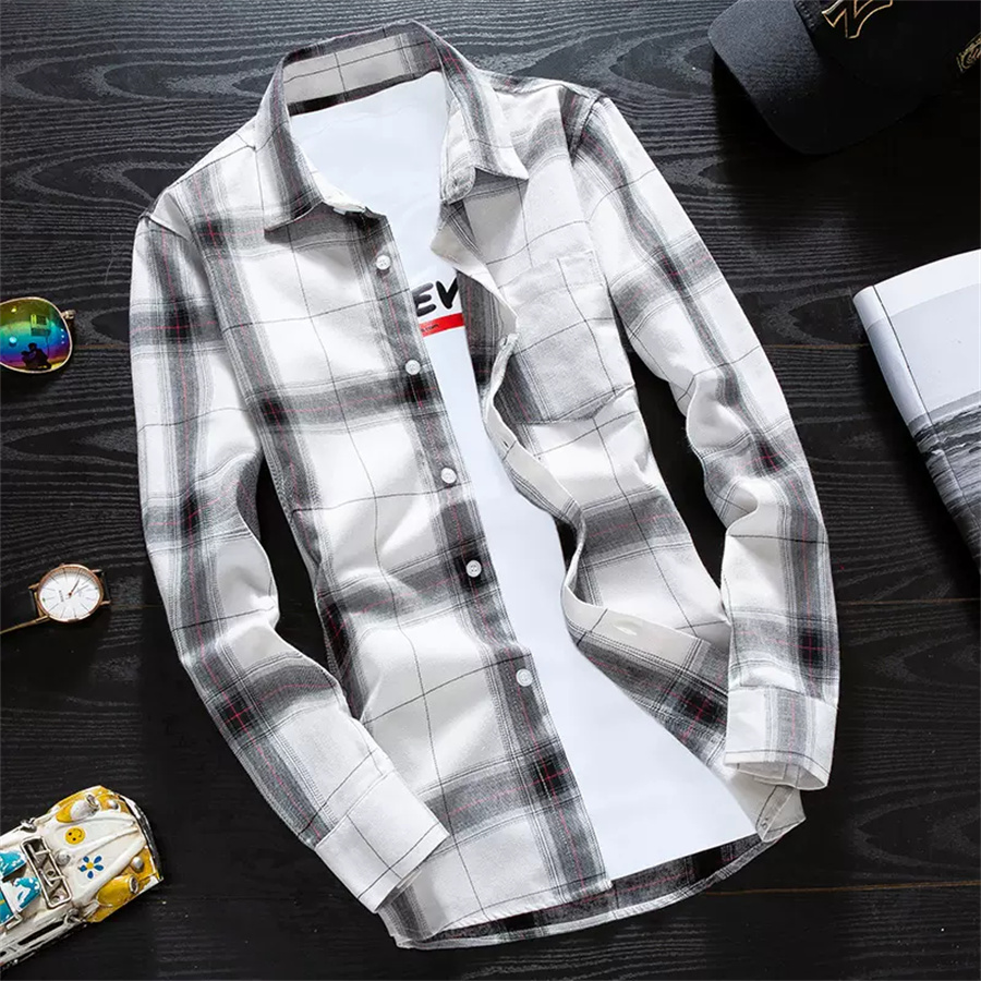 Autumn Plaid Shirt Long Slim-Fit Shirt Men Korean Version Slim-Fit Shirt Trend Men's Spring And Autumn Casual Coat Men 11