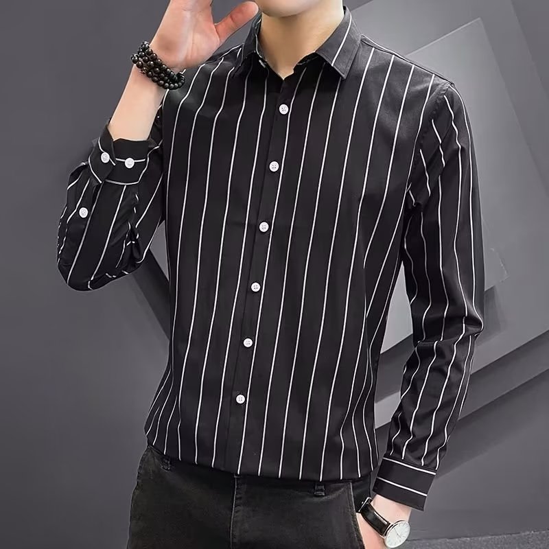 Autumn New Striped Shirt Men's Thin Thin Korean Version Slim-Fit Trend Inch Clothes Men Handsome Long Casual Sleeve Shirt 1