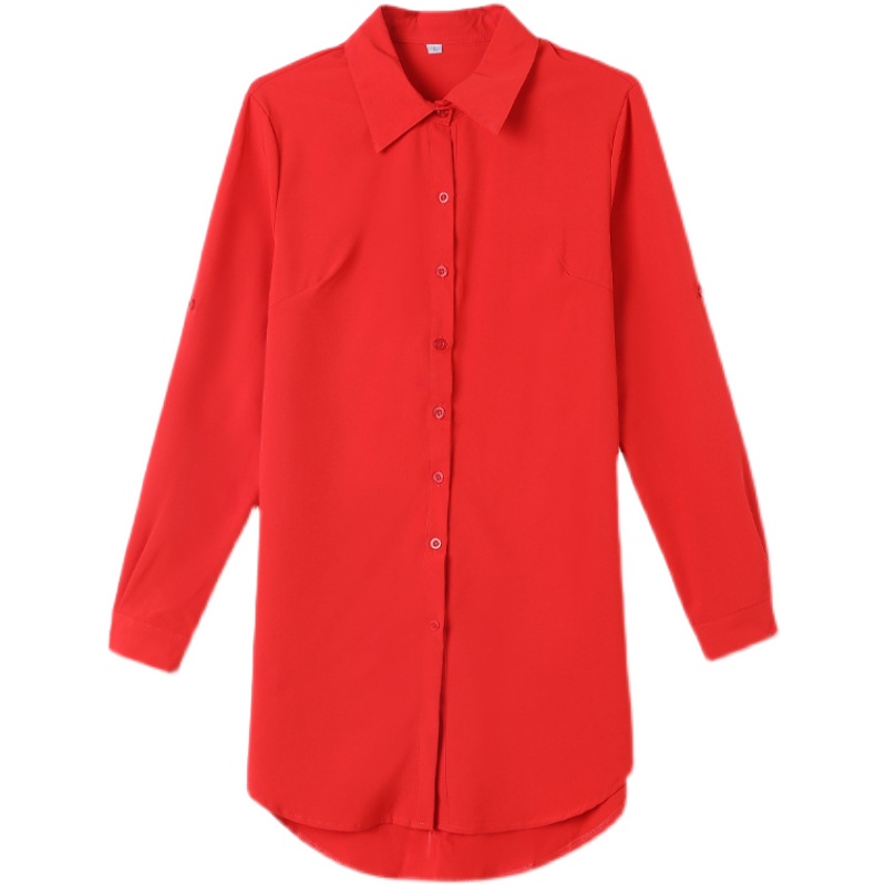Blouse Ladies Medium Length Plus Size Women's Long Sleeve Sexy Pajamas Red Chic Base Shirt Ice Spun Shirtskirt 1 details Picture