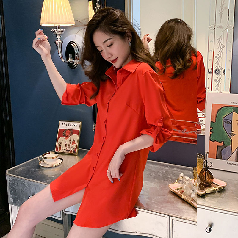 Blouse Ladies Medium Length Plus Size Women's Long Sleeve Sexy Pajamas Red Chic Base Shirt Ice Spun Shirtskirt 1