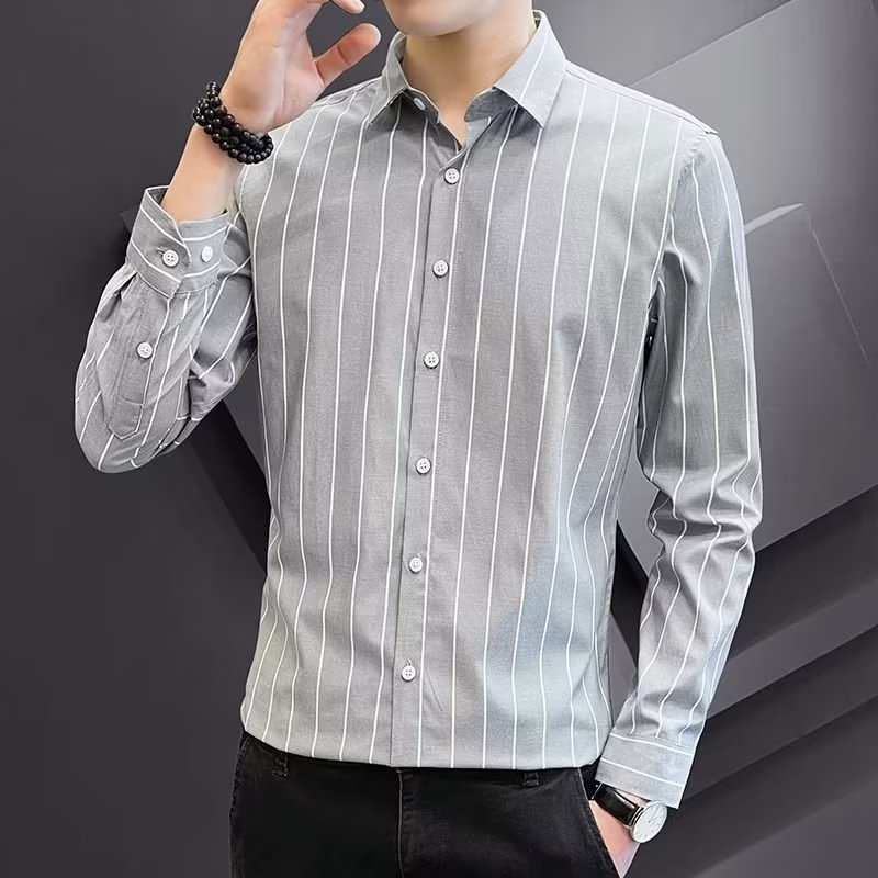 Autumn New Striped Shirt Men's Thin Thin Korean Version Slim-Fit Trend Inch Clothes Men Handsome Long Casual Sleeve Shirt 3