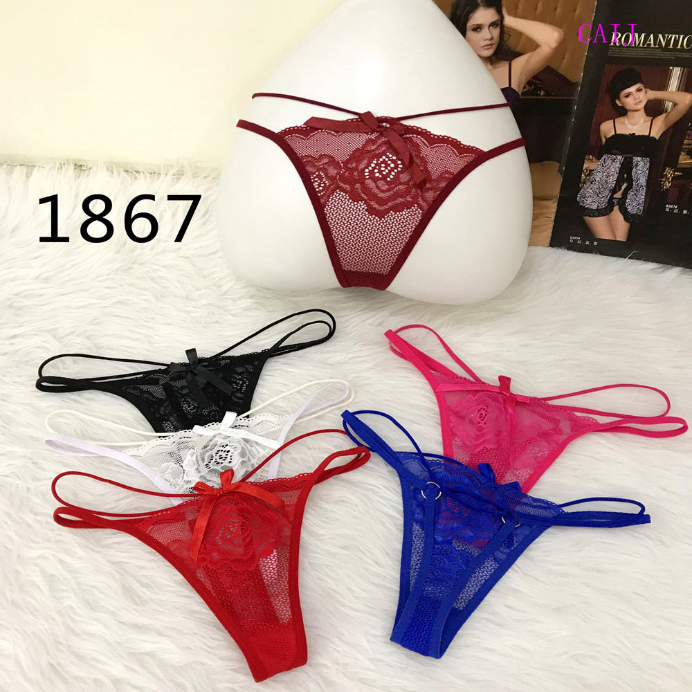 Low-rise sexy transparent lace thong seductive thin belt seamless lace cutout underwear full figure