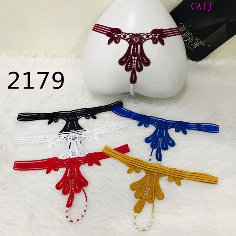 Embroidered pearl sexy thong for women sheer pants details Picture
