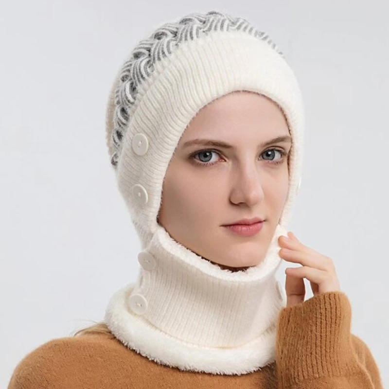 Striped Pattern Pompom Decor Beanie With Neck Gaiter thumbnail