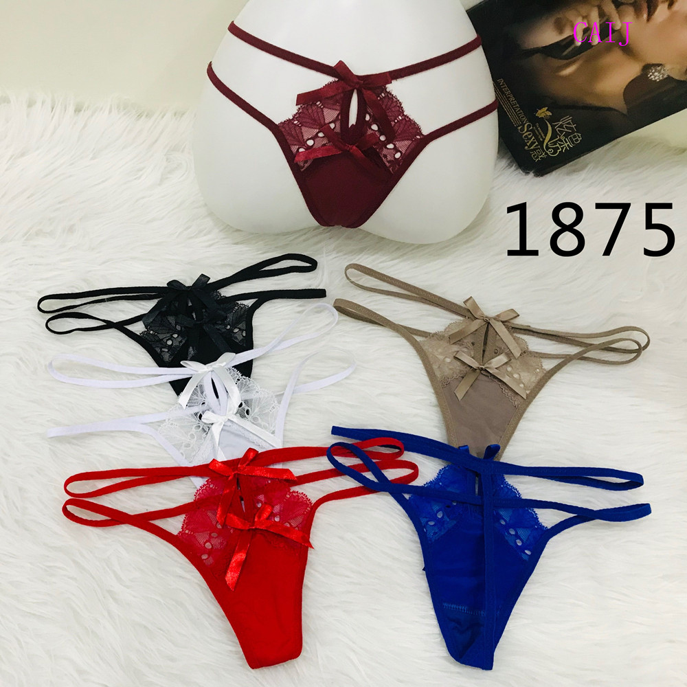 New sexy solid color translucent open crotch comfortable lace thong mesh low waist-free pants details Picture