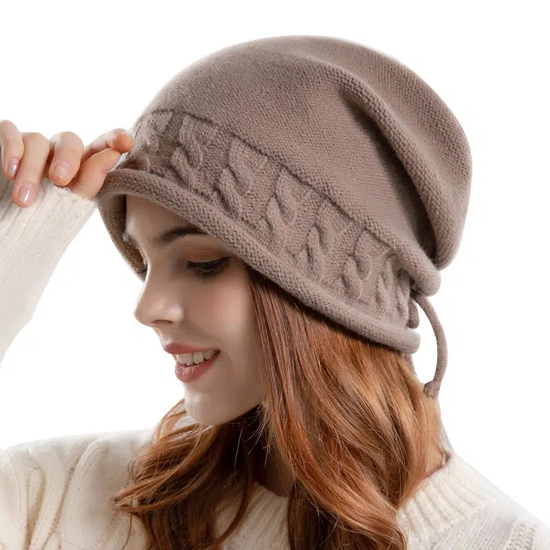 Autumn And Winter Cross-Border Pullover Knitted Pile Hat, Drawstring Rolled Edge Warm Hat, Women's Headwear, Ear Protection Cold Hat details Picture